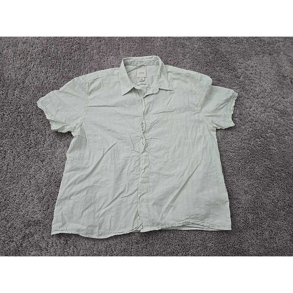 Calvin Klein Button Up Shirt Mens L Light Green Striped Short Sleeve Easy Fit